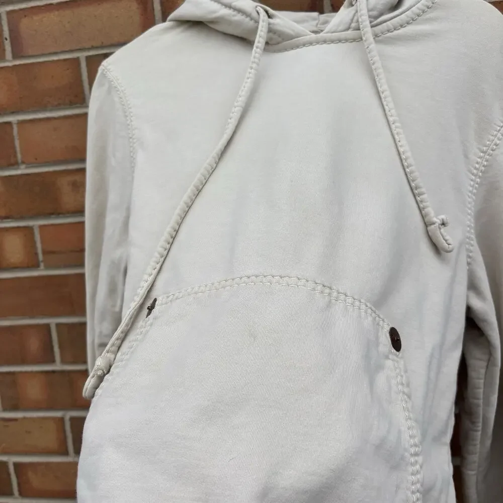 Y2K True Religion M Graphic Print Hoodie Sweatshirt Cream Streetwear Vtg Flaws